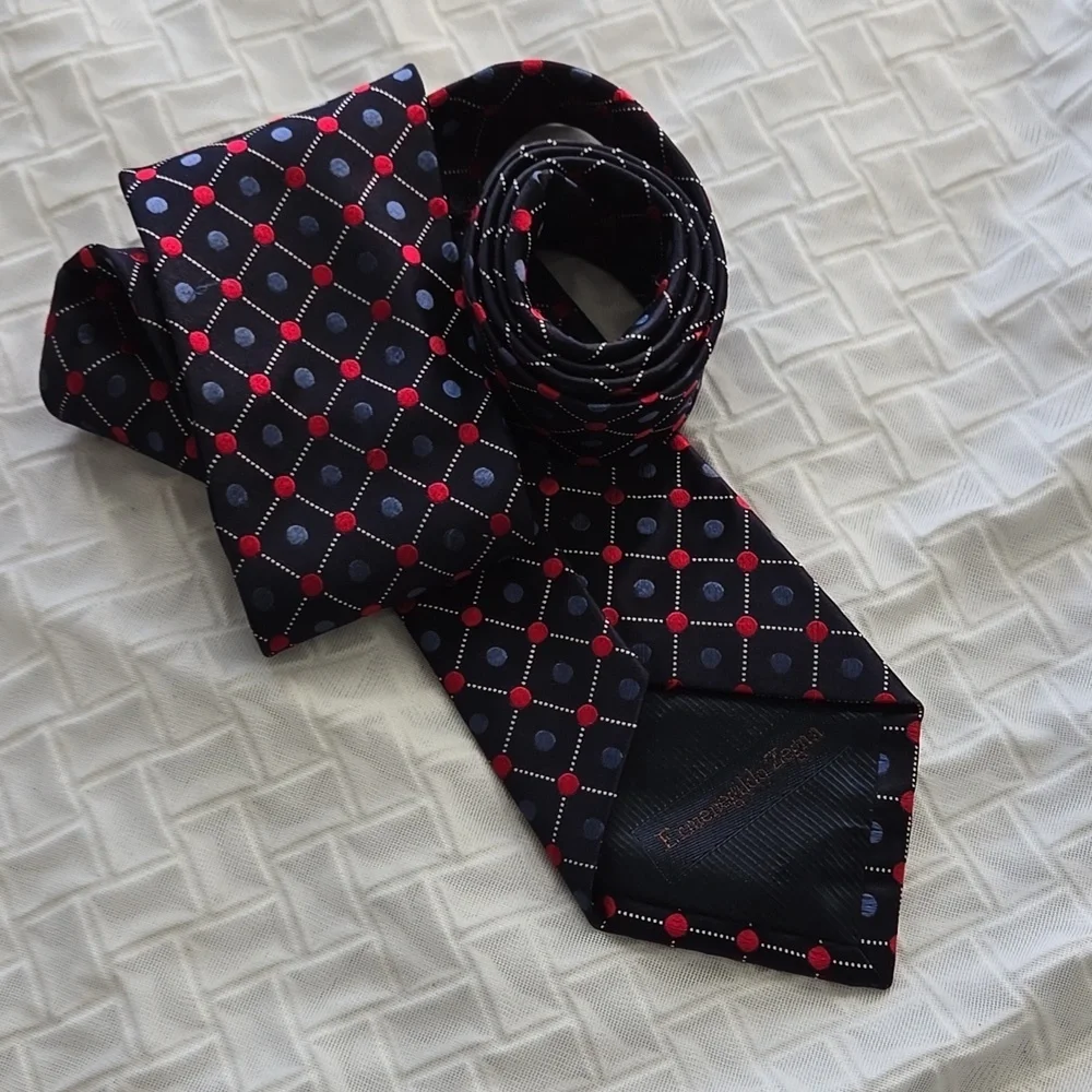 Ermenegildo Zegna Navy Geometric Silk Tie with Red and Light Blue Dots
